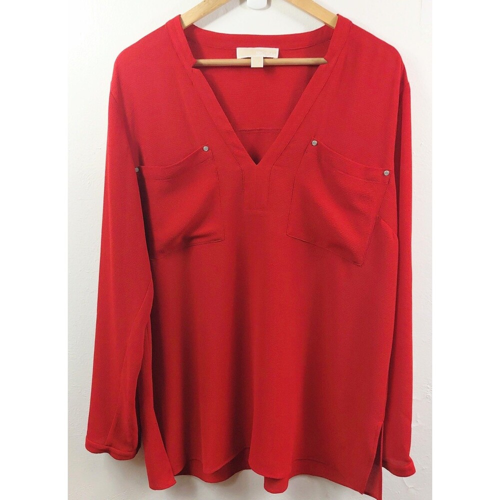 Michael Kors Women’s Red Solid V-Neck Long Sleeve Blouse XL